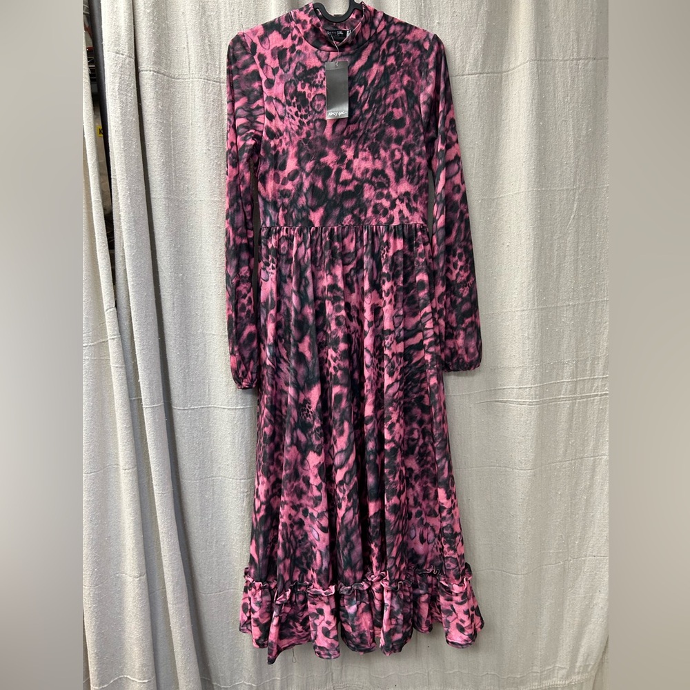 Nasty Gal/ NWT Animal Midi Dress Pink Black/mock neck/lined/ruffle bottom/size 4